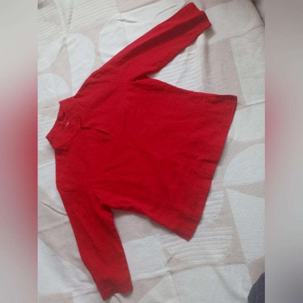 Red Linen Mandarin Collar 3/4 length sleeved Top XS